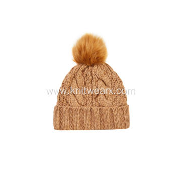 Girl's Knitted Cable Faux Fur Pompom Beanie Cap
